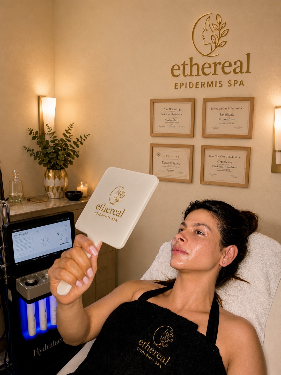 Ethereal gold wall branding and a guest with a branded hand mirror